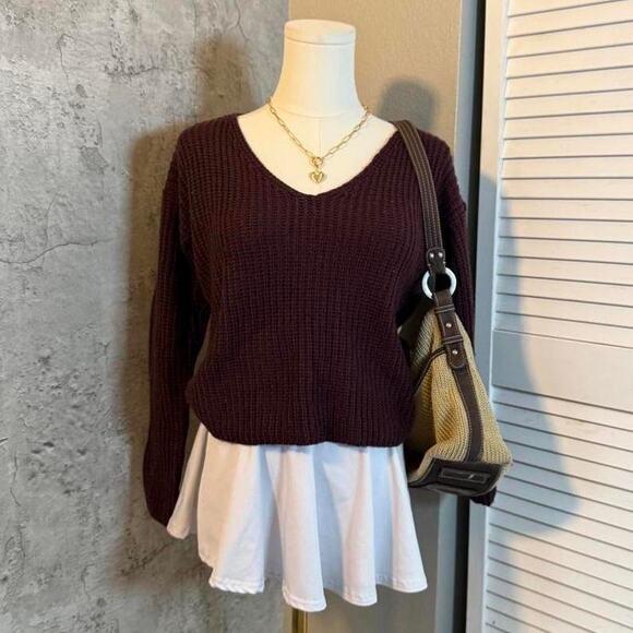 Preppy No Comment Cable Knit Purple V Neck Sweater - Picture 1 of 8
